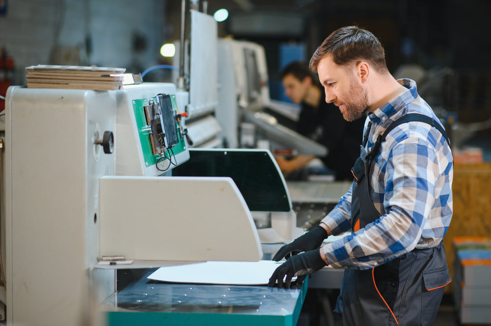 Mann legt Papierbögen in eine Schneidemaschine